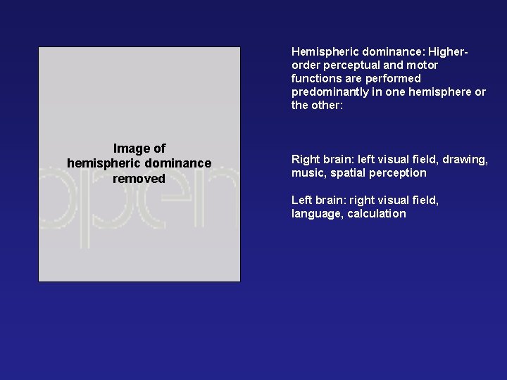 Hemispheric dominance: Higherorder perceptual and motor functions are performed predominantly in one hemisphere or