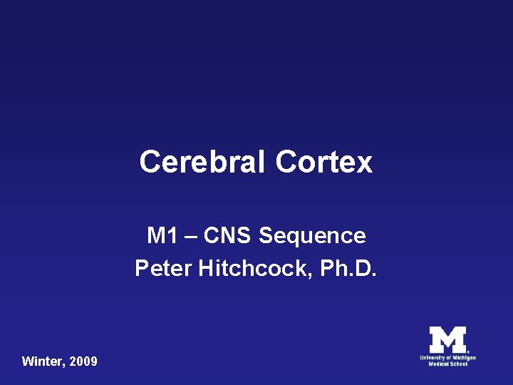 Cerebral Cortex M 1 – CNS Sequence Peter Hitchcock, Ph. D. Winter, 2009 