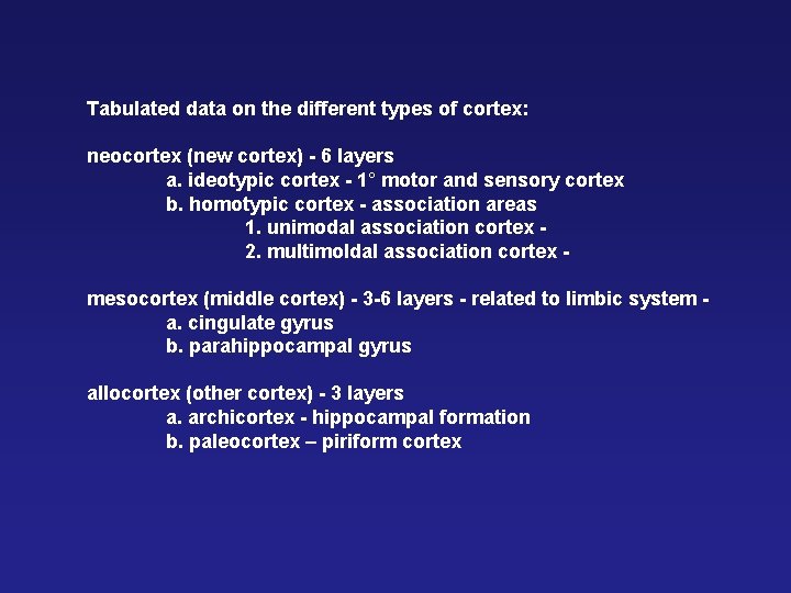 Tabulated data on the different types of cortex: neocortex (new cortex) - 6 layers