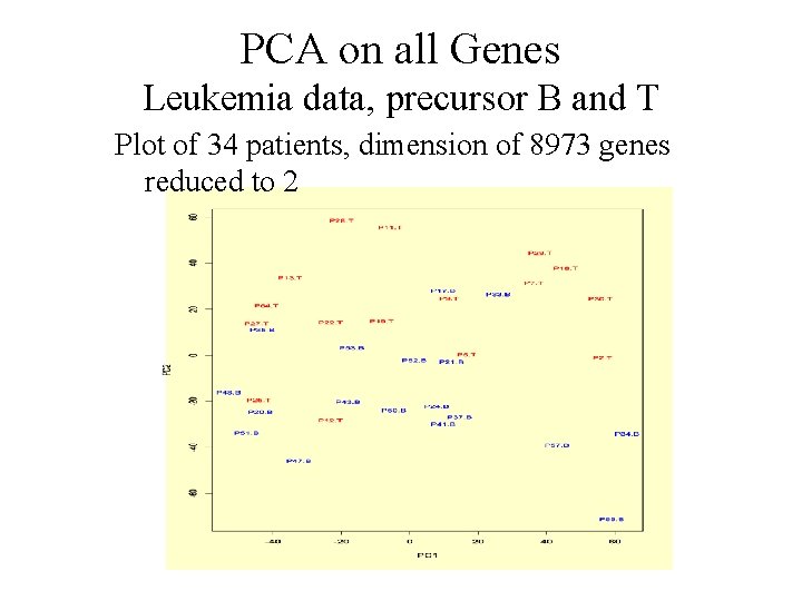 PCA on all Genes Leukemia data, precursor B and T Plot of 34 patients,