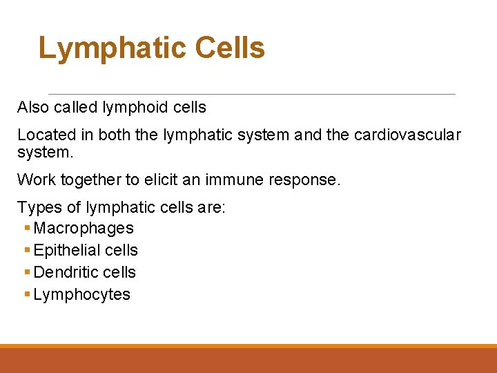 Lymphatic Cells 2412 Also called lymphoid cells Located in both the lymphatic system and