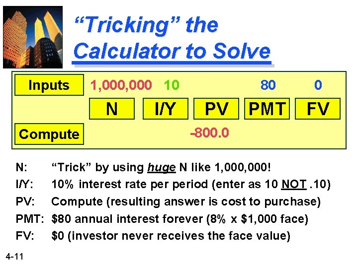 “Tricking” the Calculator to Solve Inputs 1, 000 10 N Compute N: I/Y: PV: