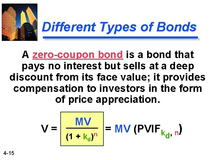 Different Types of Bonds A zero-coupon bond is a bond that pays no interest