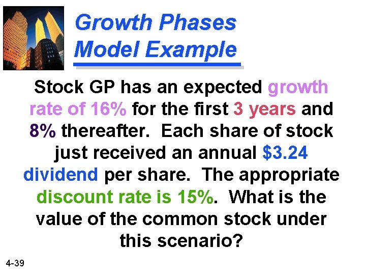 Growth Phases Model Example Stock GP has an expected growth rate of 16% for
