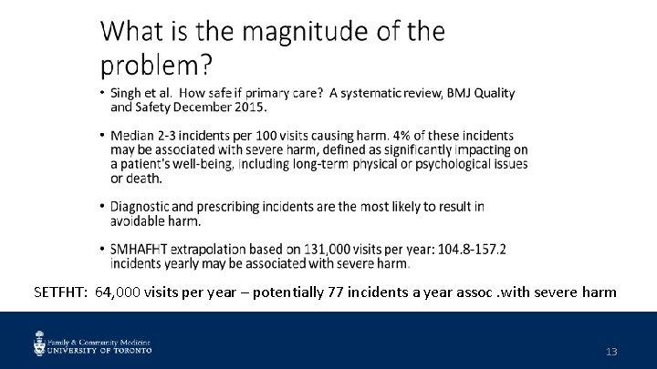 SETFHT: 64, 000 visits per year – potentially 77 incidents a year assoc. with