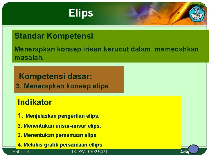 Elips Standar Kompetensi Menerapkan konsep irisan kerucut dalam memecahkan masalah. Kompetensi dasar: 3. Menerapkan