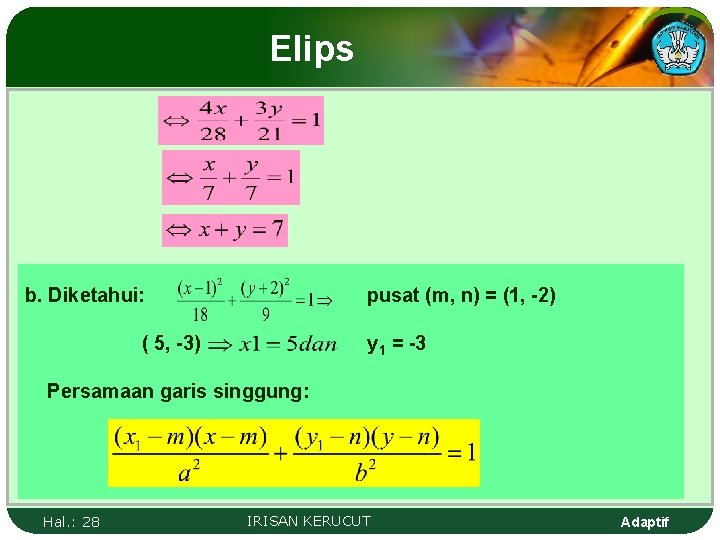 Elips b. Diketahui: pusat (m, n) = (1, -2) ( 5, -3) y 1