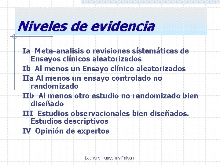 Niveles de evidencia Ia Meta-analisis o revisiones sístemáticas de Ensayos clínicos aleatorizados Ib Al