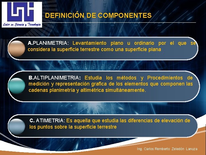 LOGO DEFINICIÓN DE COMPONENTES A. PLANIMETRIA: Levantamiento plano u ordinario por el que se