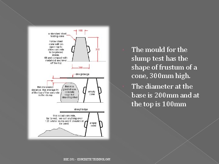 The mould for the slump test has the shape of frustum of a cone, The mould for the slump test has the shape of frustum of a cone,