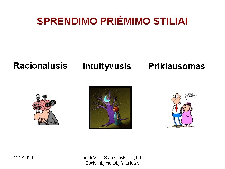 SPRENDIMO PRIĖMIMO STILIAI Racionalusis 12/1/2020 Intuityvusis doc. dr. Vilija Stanišauskienė, KTU Socialinių mokslų fakultetas