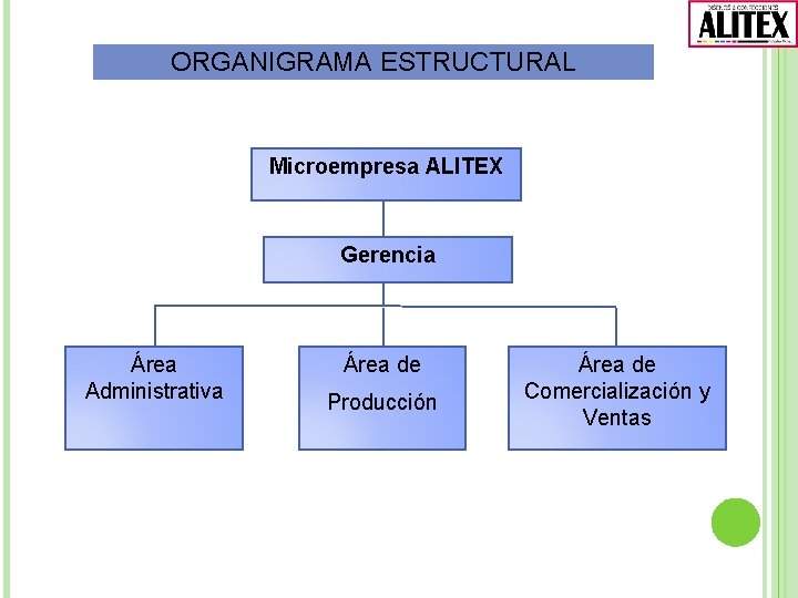 ORGANIGRAMA ESTRUCTURAL Microempresa ALITEX Gerencia Área Administrativa Área de Producción Área de Comercialización y