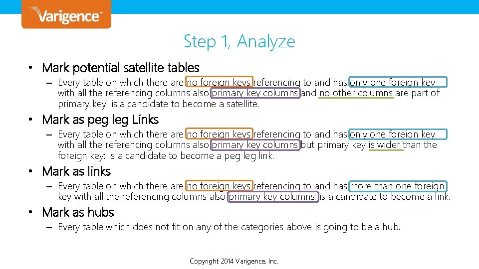 Step 1, Analyze • Mark potential satellite tables – Every table on which there Step 1, Analyze • Mark potential satellite tables – Every table on which there