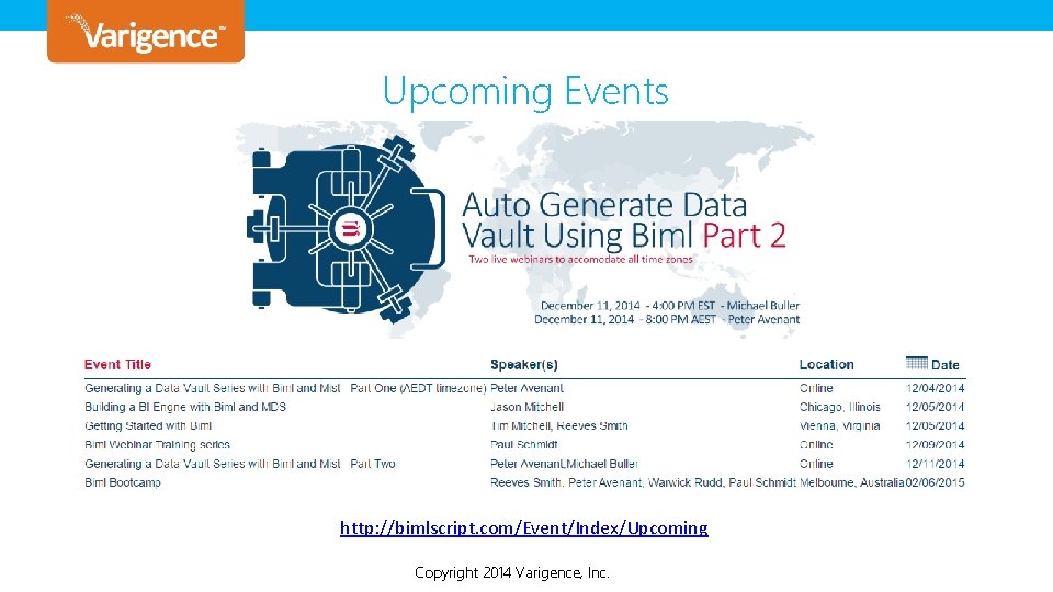 Upcoming Events http: //bimlscript. com/Event/Index/Upcoming Copyright 2014 Varigence, Copyright © 2013 Varigence, Inc. Upcoming Events http: //bimlscript. com/Event/Index/Upcoming Copyright 2014 Varigence, Copyright © 2013 Varigence, Inc.