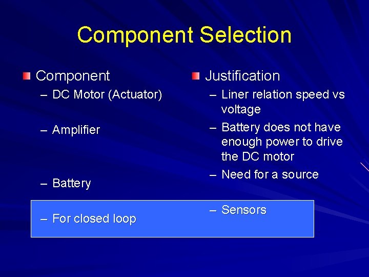 Component Selection Component – DC Motor (Actuator) – Amplifier – Battery – For closed