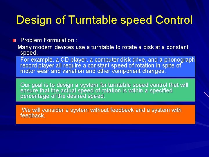 Design of Turntable speed Control Problem Formulation : Many modern devices use a turntable