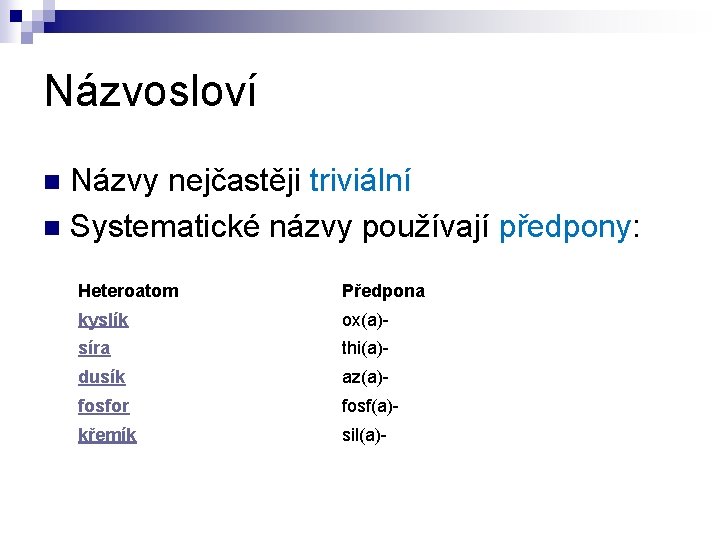 Názvosloví Názvy nejčastěji triviální n Systematické názvy používají předpony: n Heteroatom Předpona kyslík ox(a)-