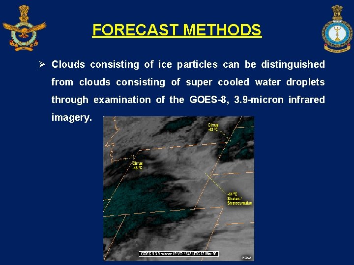 FORECAST METHODS Ø Clouds consisting of ice particles can be distinguished from clouds consisting