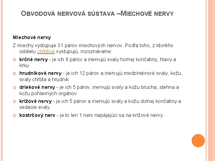 OBVODOVÁ NERVOVÁ SÚSTAVA –MIECHOVÉ NERVY Miechové nervy Z miechy vystupuje 31 párov miechových nervov.
