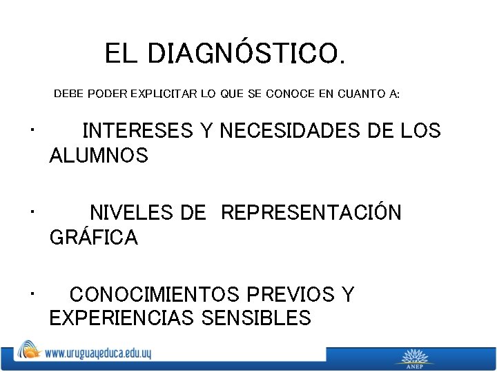 EL DIAGNÓSTICO. DEBE PODER EXPLICITAR LO QUE SE CONOCE EN CUANTO A: • INTERESES
