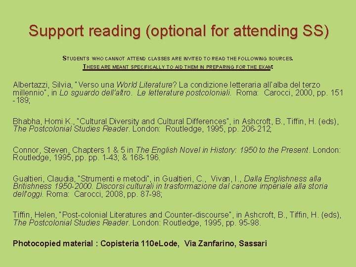 Support reading (optional for attending SS) STUDENTS WHO CANNOT ATTEND CLASSES ARE INVITED TO