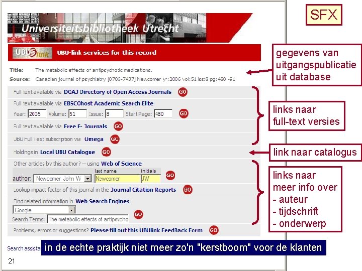 SFX gegevens van uitgangspublicatie uit database links naar full-text versies link naar catalogus links