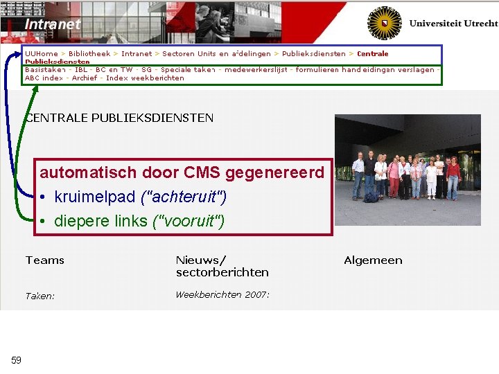 automatisch door CMS gegenereerd • kruimelpad ("achteruit") • diepere links ("vooruit") 59 