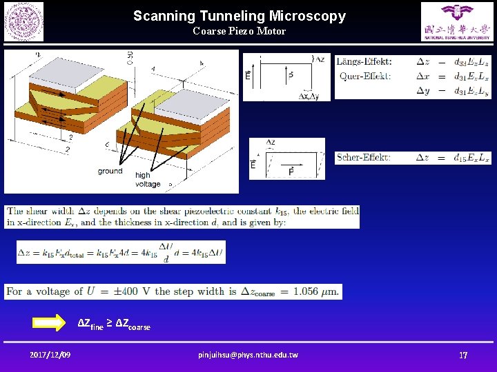 Scanning Tunneling Microscopy Coarse Piezo Motor ΔZfine ≥ ΔZcoarse 2017/12/09 pinjuihsu@phys. nthu. edu. tw