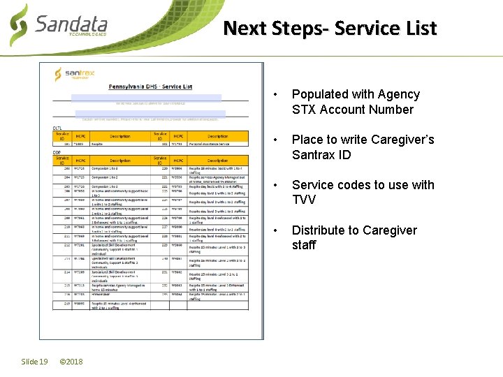 Next Steps- Service List Slide 19 © 2018 • Populated with Agency STX Account