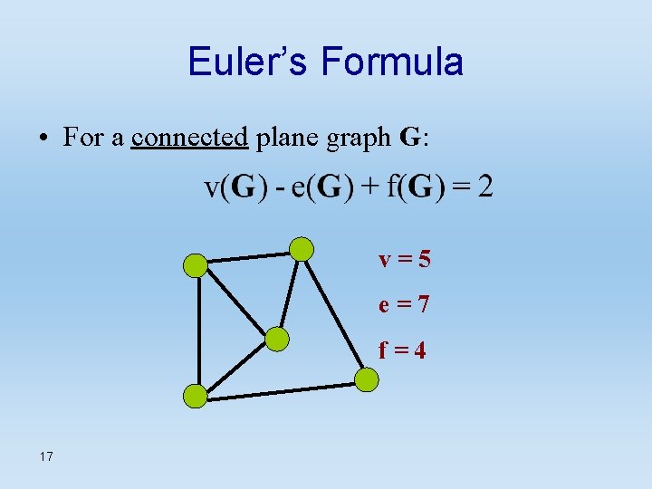 Euler’s Formula • For a connected plane graph G: v=5 e=7 f=4 17 