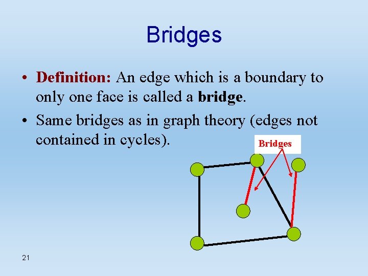 Bridges • Definition: An edge which is a boundary to only one face is