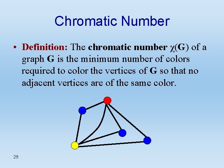 Chromatic Number • Definition: The chromatic number χ(G) of a graph G is the