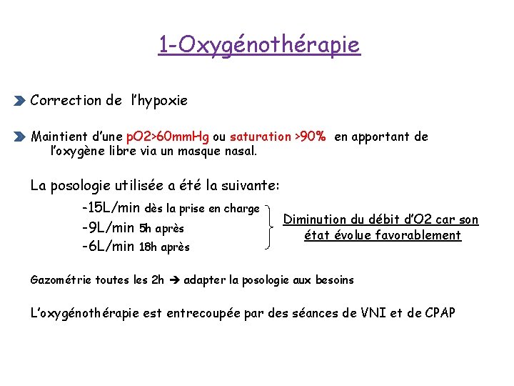 1 -Oxygénothérapie Correction de l’hypoxie Maintient d’une p. O 2>60 mm. Hg ou saturation 1 -Oxygénothérapie Correction de l’hypoxie Maintient d’une p. O 2>60 mm. Hg ou saturation