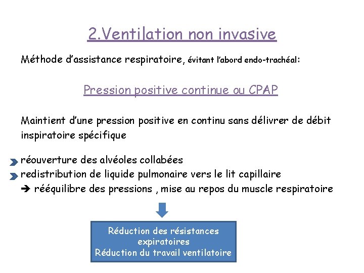 2. Ventilation non invasive Méthode d’assistance respiratoire, évitant l’abord endo-trachéal: Pression positive continue ou 2. Ventilation non invasive Méthode d’assistance respiratoire, évitant l’abord endo-trachéal: Pression positive continue ou