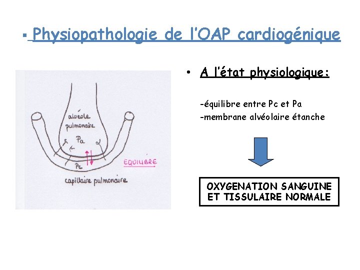 § Physiopathologie de l’OAP cardiogénique • A l’état physiologique: -équilibre entre Pc et Pa § Physiopathologie de l’OAP cardiogénique • A l’état physiologique: -équilibre entre Pc et Pa