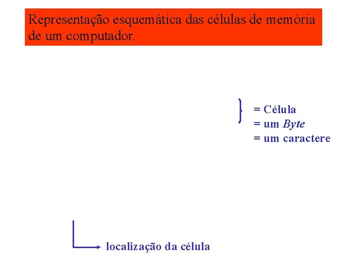 Representação esquemática das células de memória de um computador. = Célula = um Byte