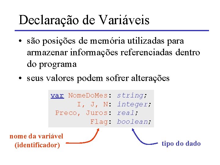 Declaração de Variáveis • são posições de memória utilizadas para armazenar informações referenciadas dentro