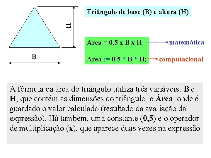 H Triângulo de base (B) e altura (H) Área = 0, 5 x B