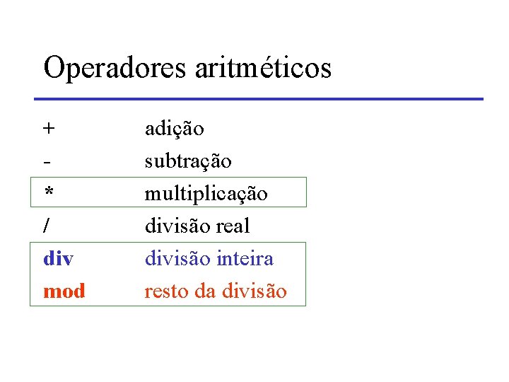 Operadores aritméticos + * / div mod adição subtração multiplicação divisão real divisão inteira