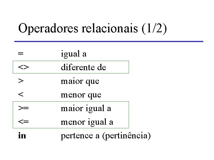 Operadores relacionais (1/2) = <> > < >= <= in igual a diferente de