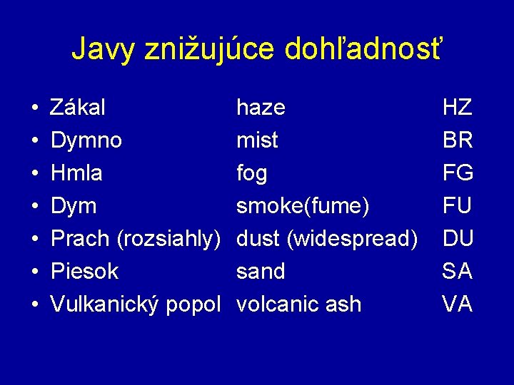 Javy znižujúce dohľadnosť • • Zákal Dymno Hmla Dym Prach (rozsiahly) Piesok Vulkanický popol