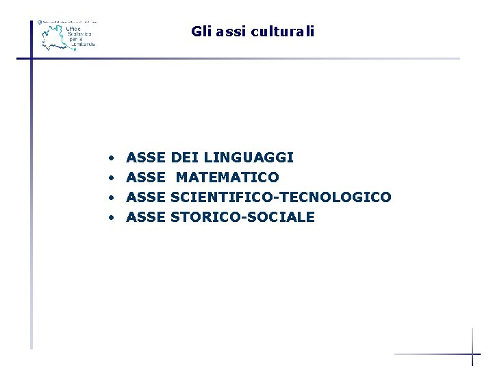 Gli assi culturali GLI ASSI CULTURALI • • ASSE DEI LINGUAGGI MATEMATICO SCIENTIFICO-TECNOLOGICO STORICO-SOCIALE