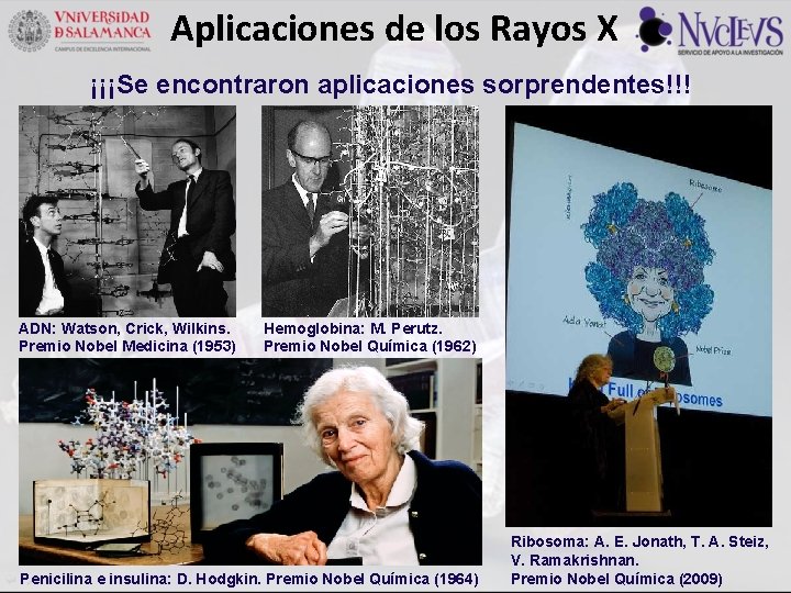 Aplicaciones de los Rayos X ¡¡¡Se encontraron aplicaciones sorprendentes!!! ADN: Watson, Crick, Wilkins. Premio