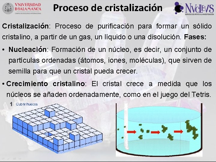 Proceso de cristalización Cristalización: Proceso de purificación para formar un sólido cristalino, a partir