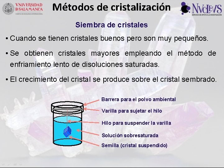 Métodos de cristalización Siembra de cristales • Cuando se tienen cristales buenos pero son
