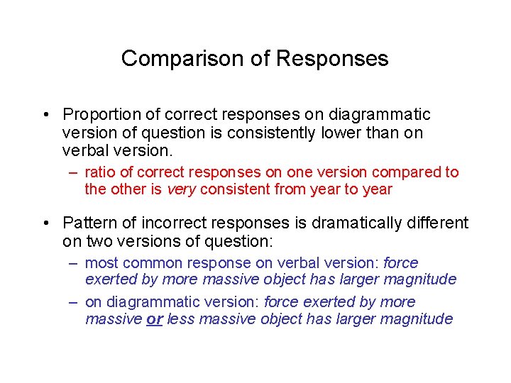 Comparison of Responses • Proportion of correct responses on diagrammatic version of question is