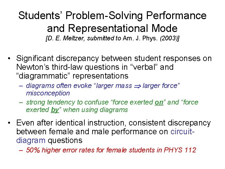 Students’ Problem-Solving Performance and Representational Mode [D. E. Meltzer, submitted to Am. J. Phys.