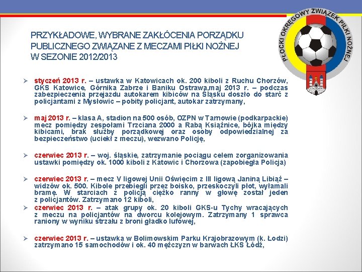 PRZYKŁADOWE, WYBRANE ZAKŁÓCENIA PORZĄDKU PUBLICZNEGO ZWIĄZANE Z MECZAMI PIŁKI NOŻNEJ W SEZONIE 2012/2013 Ø