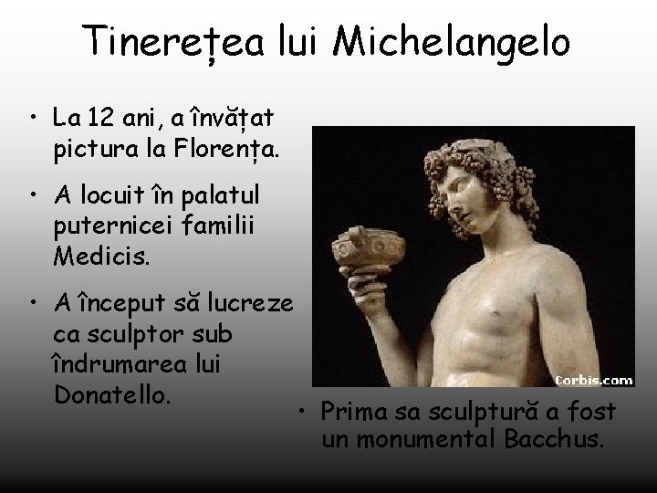 Tinerețea lui Michelangelo • La 12 ani, a învățat pictura la Florența. • A