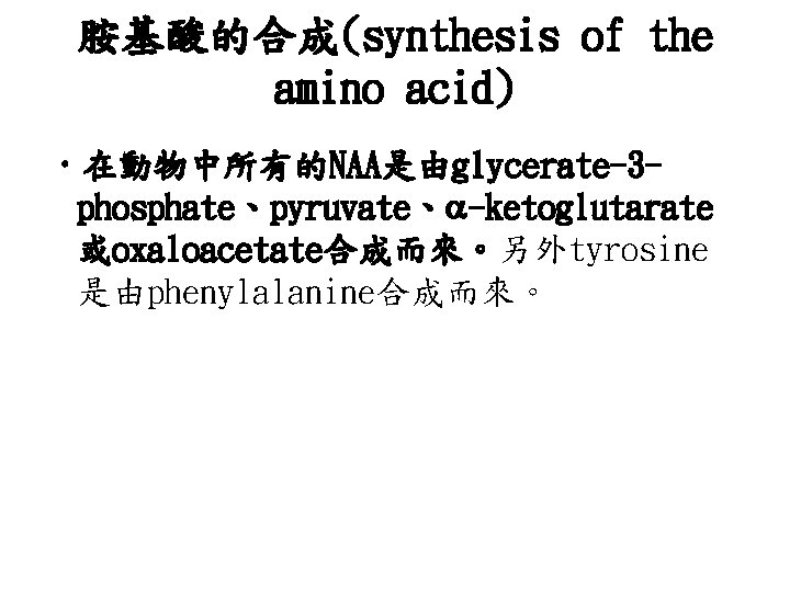 胺基酸的合成(synthesis of the amino acid) • 在動物中所有的NAA是由glycerate-3 phosphate、pyruvate、 -ketoglutarate 或oxaloacetate合成而來。另外tyrosine 是由phenylalanine合成而來。 